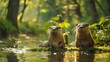 two otters are sitting on a branch in the water
