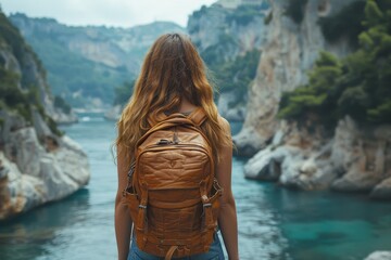 Wall Mural - Young female traveler with a backpack looking at a serene river landscape, framed by majestic mountains