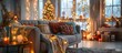 Festive home decor with comfortable couch and glowing decorations
