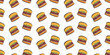 Bright colorful seamless pattern with doodle flat hamburgers on white background. Cartoon vector falling burger print for fast food restaurant or cafe menu banners, textile, wrapping paper, package