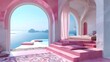 Pink and white interior design of an open air villa with a sea view, in pastel colors and hues