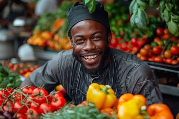 A happy male chef with a warm smile stands among colorful vegetables at a market stand, demonstrating freshness and quality