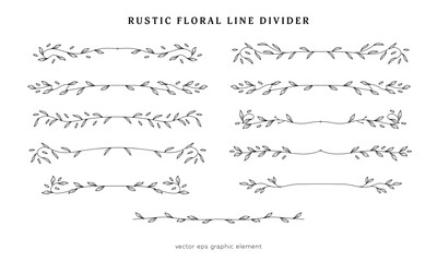 Poster - collection of decorative rustic floral line divider for page layout separator vector decoration element, rustic leaf branch line divider