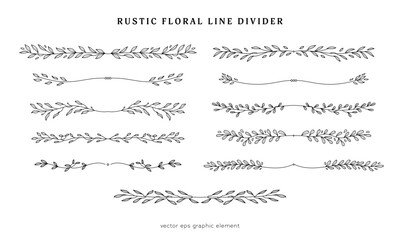 Poster - rustic floral line divider vector collection for page layout separator, rustic leaf branch line divider