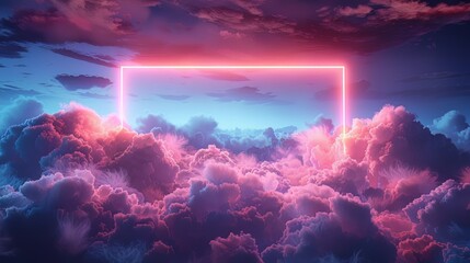 Wall Mural - 3d render, abstract minimal background, pink blue neon light square frame with copy space, illuminated stormy clouds