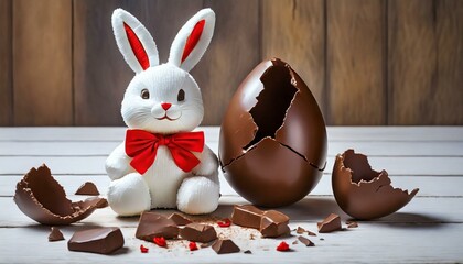 3D illustration of an Easter Bunny with a red tie and a broken chocolate Easter Egg.
