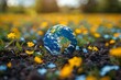 © LifeMedia - A stunning image of a globe centered among a field of yellow flowers symbolizing nature's beauty and global ecology