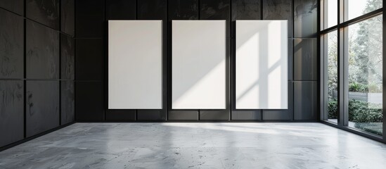 Canvas Print - Empty room with white canvas on black wall gallery.