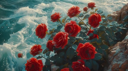 Digital bunch of red roses falling in to the sea abstract graphic poster web page PPT background