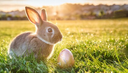 Wall Mural - cute bunny rabbit with easter egg in green grass happy easter day background