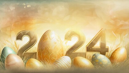 happy easter 2024 with easter eggs for greetings and promotion