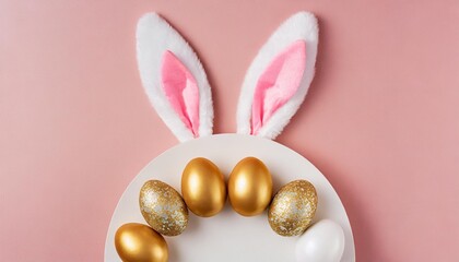 Wall Mural - easter concept top view photo of easter bunny ears and paws on white circle white and golden eggs on isolated pastel pink background with blank space