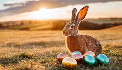 Wall Mural - hare with painted eggs on the field easter concept