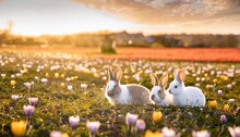 Three White Rabbits In A Colorful Easter Field