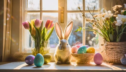 Wall Mural - colorful easter home decoration window with colorful dyed eggs and rabbit ears flowers and easter bunny for festive easter celebration at home easter card