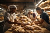 Fototapeta  - baker arranges fresh baked bread in bakery