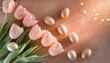 soft pink tulips and easter eggs flat lay on salmon background