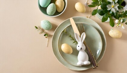 Wall Mural - easter decorations concept top view vertical photo of plates cutlery white green yellow easter eggs ceramic bunny and easter plant on isolated pastel beige background with copyspace