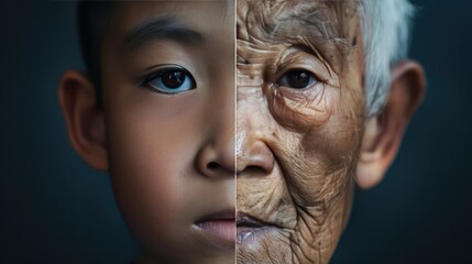 Wall Mural - The face is divided into two halves - half of an Asian boy and half of an old Asian man. Distinguishing childhood and old age, aging, maturation, longevity, lifespan, aging, gerontology.