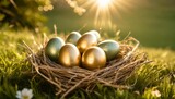 Fototapeta Londyn - colored easter eggs in a nest on a green background
