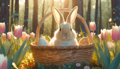 Wall Mural - cute easter bunny in a basket in the forest with tulips and flowers generative illustration