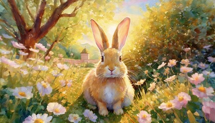 Wall Mural - an oil painting of a watercolor bunny artwork in a whimsical garden setting digital illustration