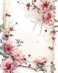 Vintage pastel pink  botanical pattern  frame or border on ivory white background, illustration for background, wallpaper, invitation and greeting card