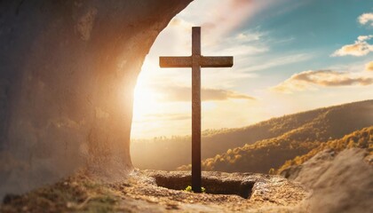 Sticker - cinematic banner of cross in the easter empty christian tomb in the sunshine jesus christ easter empty tomb as a symbol of he is risen poster banner