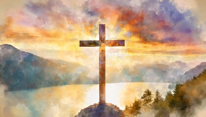 Wall Mural - cross of jesus christ on a colorful watercolor background illustration