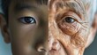 The face is divided into two halves - half of an Asian boy and half of an old Asian man. Distinguishing childhood and old age, aging, maturation, longevity, lifespan, aging, gerontology.