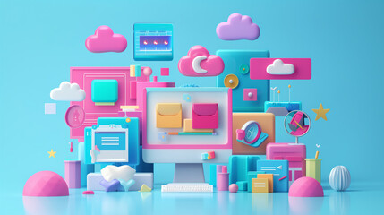 Poster - cloud computing website internet networking concept 3d illustration, modern digital web data network 