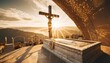 resurrection of jesus christ tomb empty with shroud and crucifixion at sunrise
