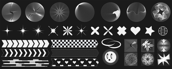 Retro futuristic elements for design. Collection of abstract graphic geometric symbols and objects in y2k style. Templates for pomters, banners, stickers, business cards