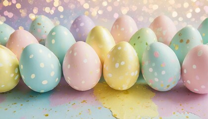 Wall Mural - cute pastel easter background with speckled egg pattern paint drips or spatter in light blue pink purple green and yellow spring colors