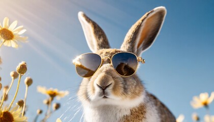 Wall Mural - hare in sunglasses on blue background easter concept