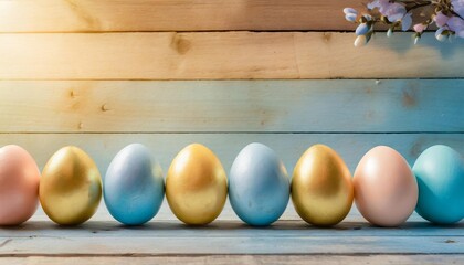 Wall Mural - wood spring background space holiday copy christianity blue easter card panorama celebration greeting row religious egg colorfully banner festival many coloured easter r eggs painted colourful line