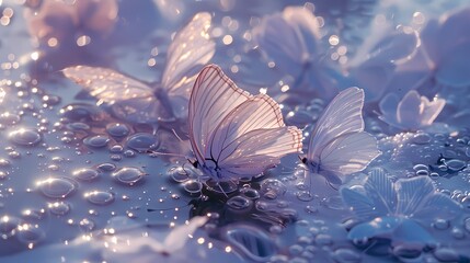 Digital purple silver butterflies and water metallic print fantasy scene abstract graphic poster web page PPT background
