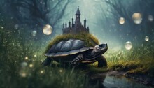 A Dark Fairy Tale Scene In A Foggy Meadow At Dusk, Featuring A Large Turtle. The Turtle 