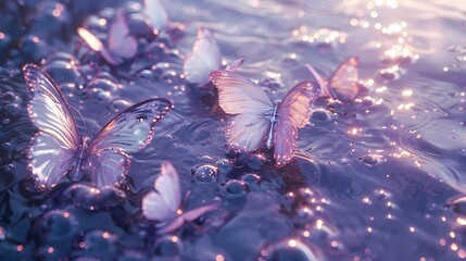 Fototapete - Digital purple silver butterflies and water metallic print fantasy scene abstract graphic poster web page PPT background
