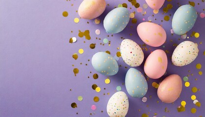 Wall Mural - easter celebration concept top view photo of pink blue white easter eggs and confetti on isolated lilac background with copyspace