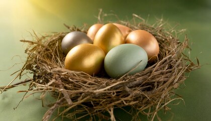 Wall Mural - colored easter eggs in a nest on a green background