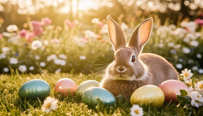Wall Mural - easter bunny and colorful eggs on green grass with flowers background