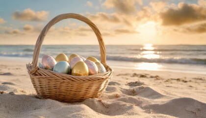 Wall Mural - painted easter eggs in wicker basket at the sand sea beach copy space