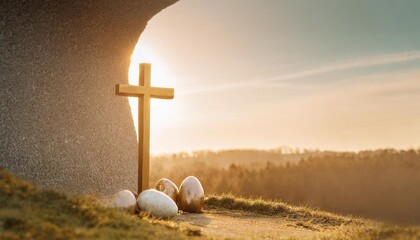 easter sunday concept tomb empty with cross on sunset background copy space