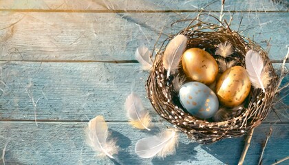 Wall Mural - banner of easter eggs and feathers in a nest on a blue wooden background minimalist and elegant with space for text