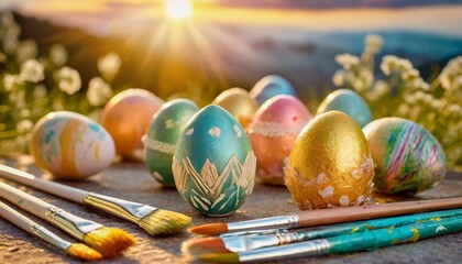 Wall Mural - colorful hand painted easter eggs alongside brushes and paints showcasing creativity