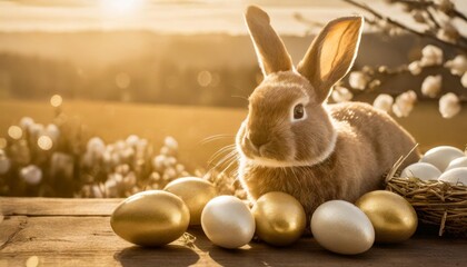 Wall Mural - happy easter card with bunny and eggs