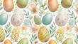 watercolor seamless pattern with colored easter eggs on a white background painted easter eggs in natural colors with flowers and leaves