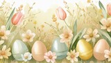 Fototapeta Dinusie - cute easter horizontal border with flowers and easter eggs horizontal seamless pattern beautiful background great for easter cards banner textiles wallpapers
