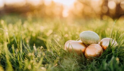 Wall Mural - spring natural background with easter eggs and fresh green grass